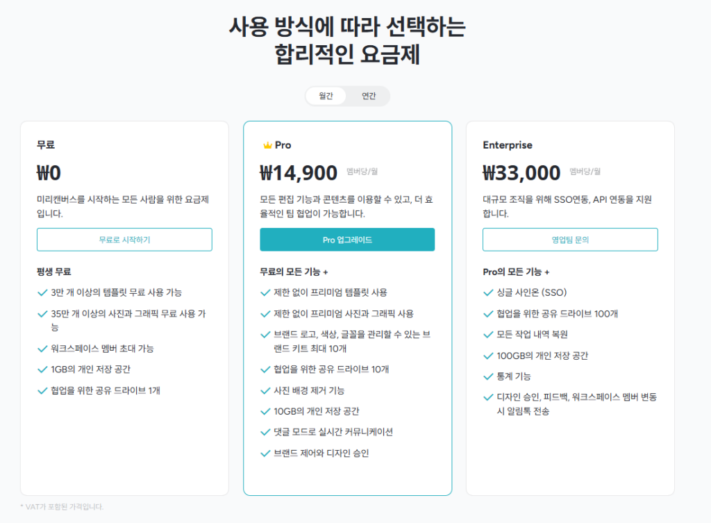 미리캔버스 월간 가격